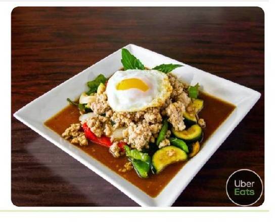 Ground pork basil with fried egg